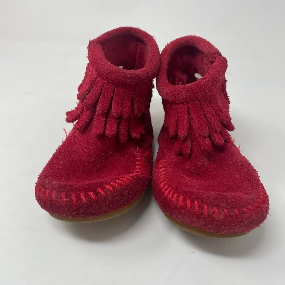Minnetonka Fringe Moccasin Booties Size 6 Raspberry Red - Picture 4 of 8